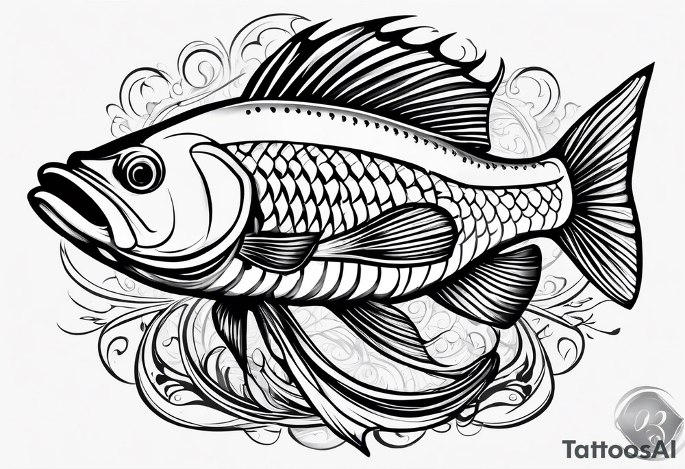 tribal bass fish, its tail turns into a fishing hook tattoo idea