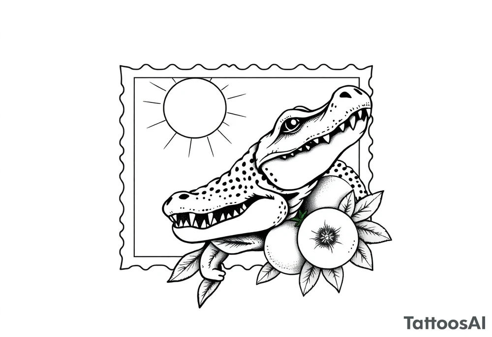 can you do another post stamp florida themed design with a gator the sun and oranges in a traditiona style
please add the vertical rectangle postage stamp tattoo idea