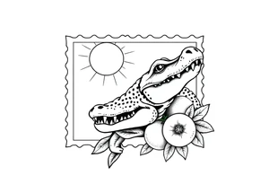 can you do another post stamp florida themed design with a gator the sun and oranges in a traditiona style
please add the vertical rectangle postage stamp tattoo idea