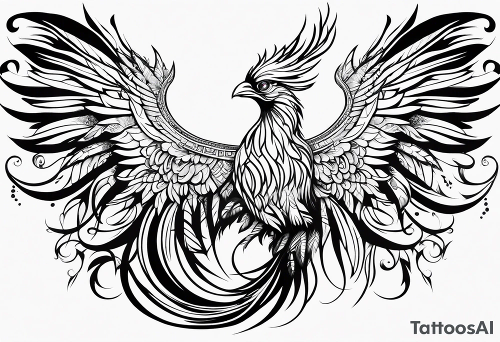 tribal pheonix with long tail curling tattoo idea