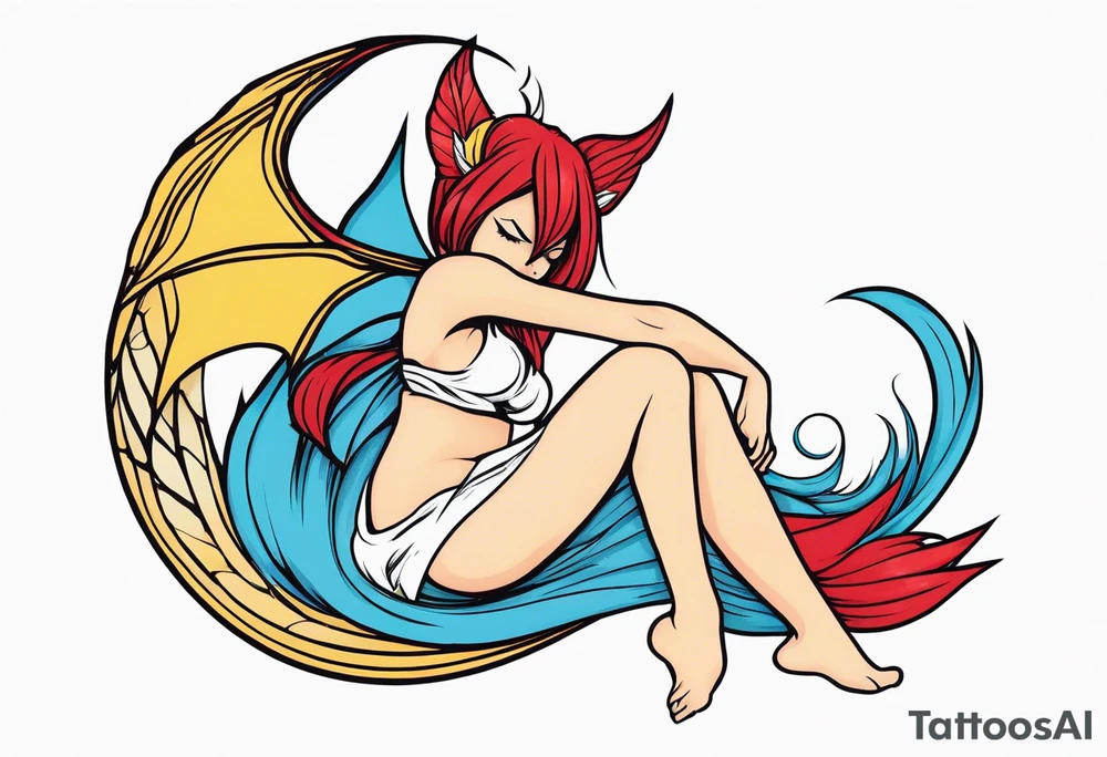 A fairy with a tail inspired by the logo of the show called Fairy Tail in a fetal position leaning in tattoo idea