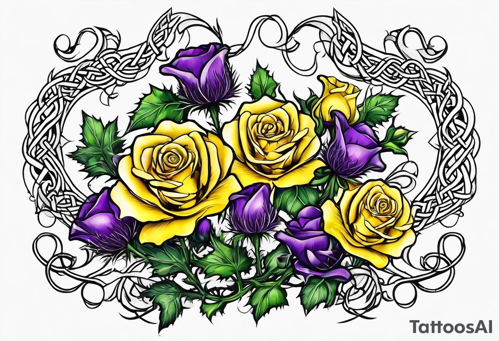 Purple thistle, yellow rose and shamrock with stems intertwined spelling KND in celtic lettering tattoo idea