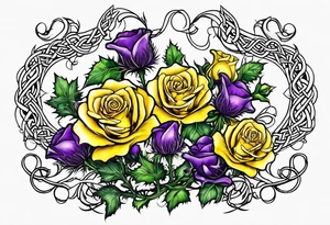 Purple thistle, yellow rose and shamrock with stems intertwined spelling KND in celtic lettering tattoo idea