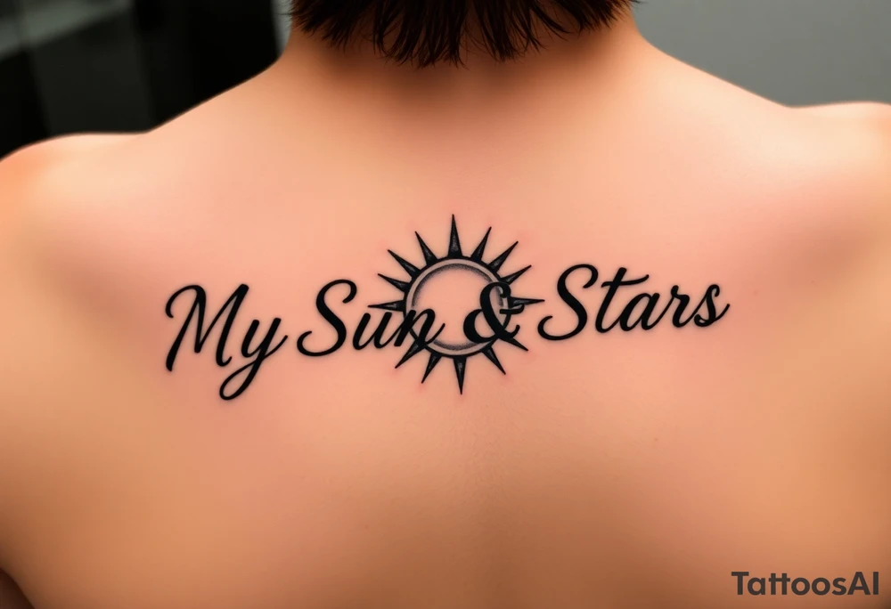 "My Sun & Stars" in script with a Sun and stars tattoo idea