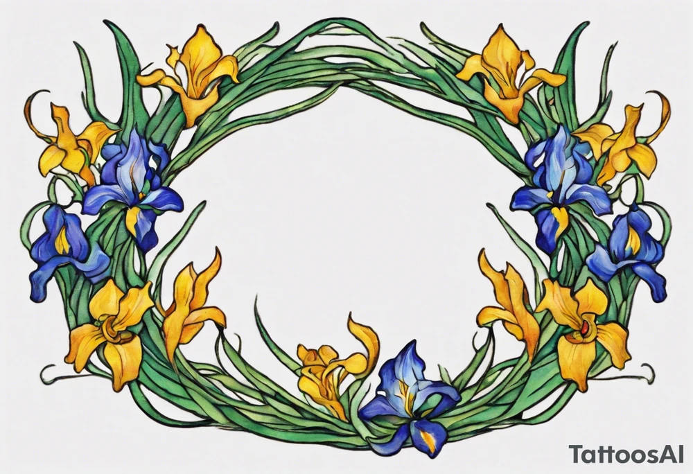 Create a small, colorful Vincent van Gogh Irises tattoo in the form of a crescent, with vines gracefully intertwining at a central point in the middle of the wreath. The intended placement is on the upper chest. The middle needs mountains. The overall design should be small in size while maintaining a delicate and artistic aesthetic. Pay attention to the graceful flow of the vines and the placement of the irises to achieve a refined and elegant look. tattoo idea