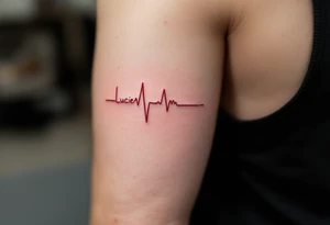 Delicate heartbeat line ending in "Lucie – 06.08.2016 v 2:22" in wine red ink. tattoo idea