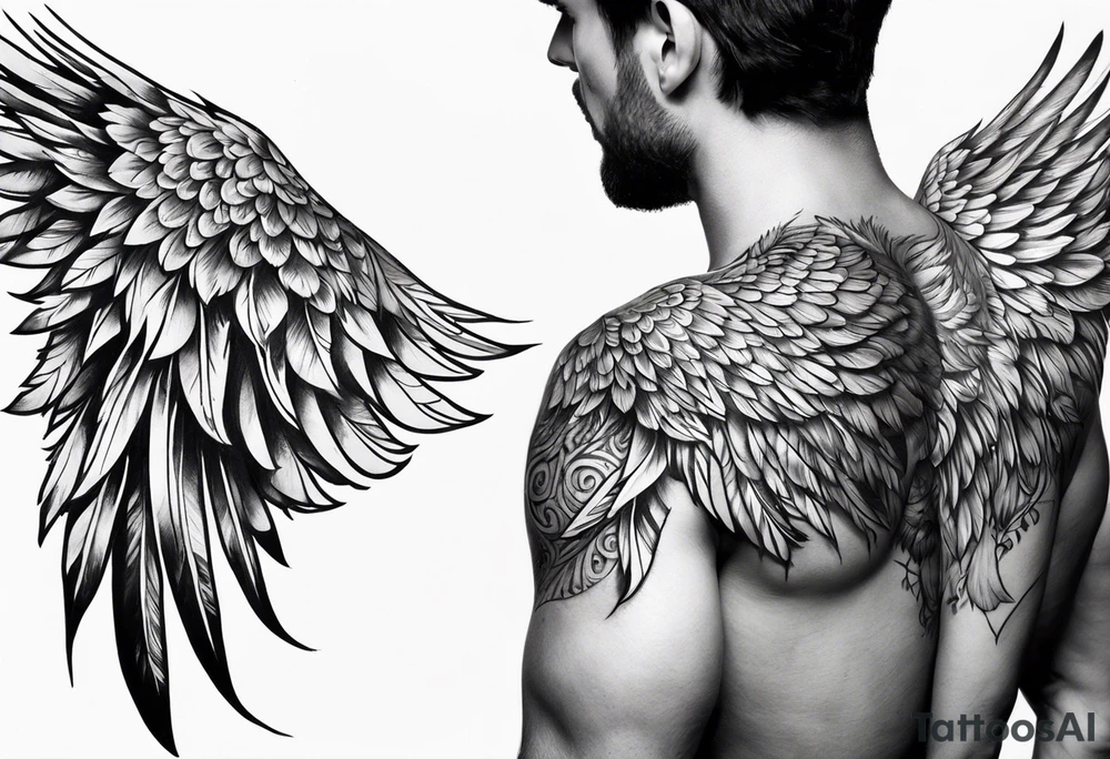 wings across male shoulders with detailed feathers, extending a few inches down each arm tattoo idea