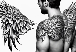 wings across male shoulders with detailed feathers, extending a few inches down each arm tattoo idea