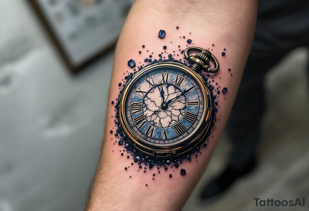 A cracked pocket watch suspended in midair, with Roman numerals floating away like petals, fading into a deep midnight blue void. tattoo idea