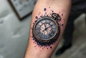 A cracked pocket watch suspended in midair, with Roman numerals floating away like petals, fading into a deep midnight blue void. tattoo idea