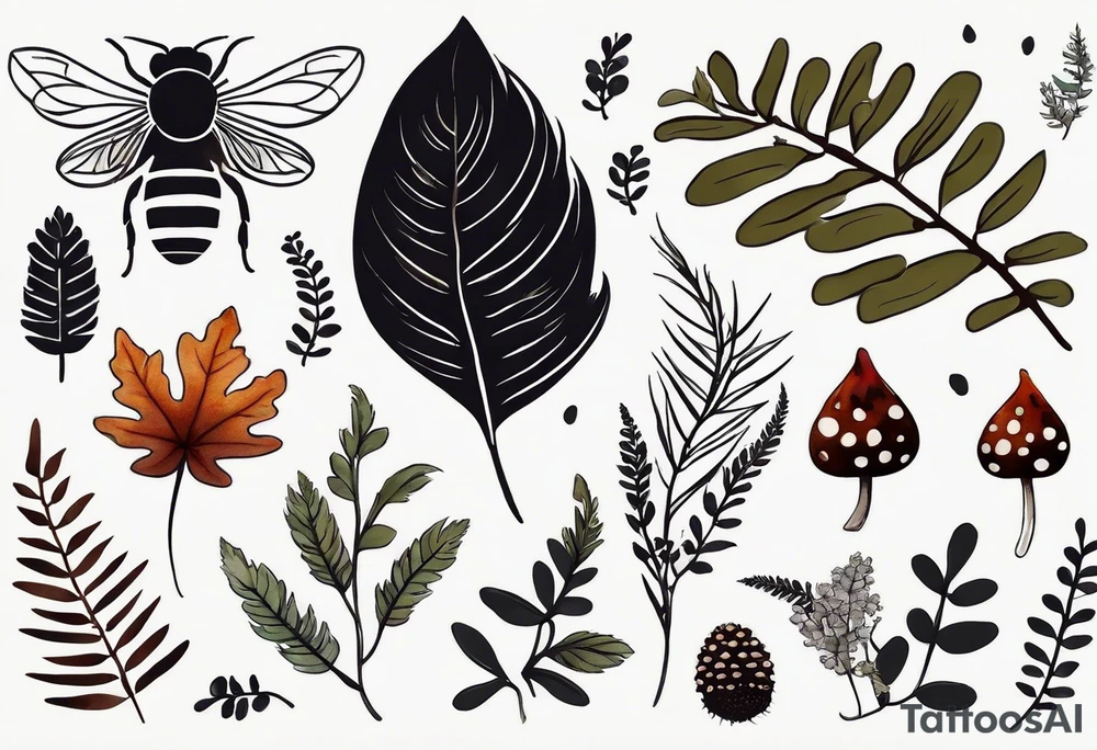 forest floor inspired minimalist tattoo, which includes grass, curly ferns, moss and dead leaves as the bulk of the tattoo. details to include: forest berries, a tiny bumblebee flying nearby, three small brown mushrooms
Generate a vertically long one tattoo idea
