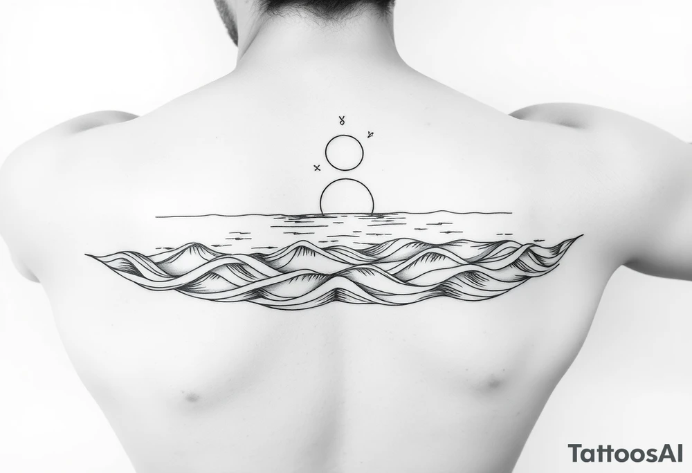 Wrap-around forearm tattoo, black and white line art. Calm sea waves and horizon, sun or moon above with subtle Norse runes (Algiz, Raido). Balanced, elegant, marine and mythological. Clean outlines, high contrast, stencil-ready. tattoo idea