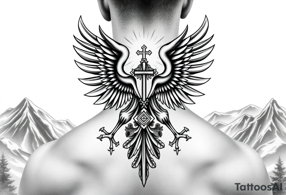i am looking at getting a russian / serbian style double headed eagle like the coat of arms spread out on my back neck across my shoulders / traps in a orthodox christian church style setting with a sun beaming and in a mountainous setting, such as a Sovereign of the Mountain and an orthodox church in the background with the russian orthodox cross spire of the orthodox church being visible on my neck with a sun beaming in the background that the cross sits inside tattoo idea