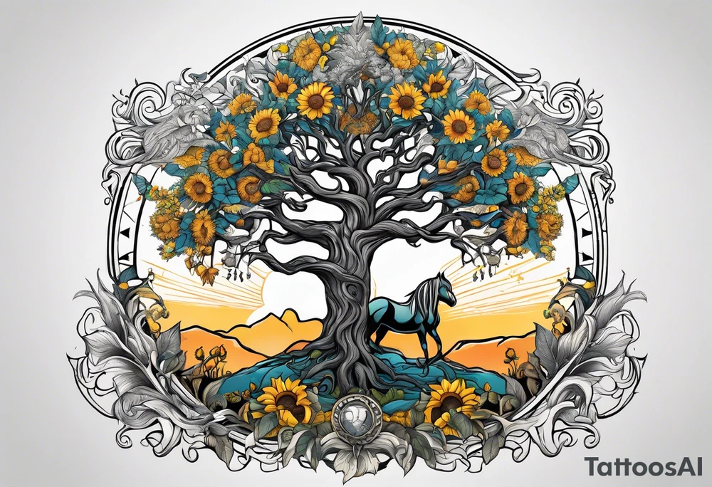 Yggdrasil tree, horse in front of it, and sunflowers tattoo idea
