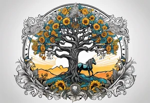 Yggdrasil tree, horse in front of it, and sunflowers tattoo idea