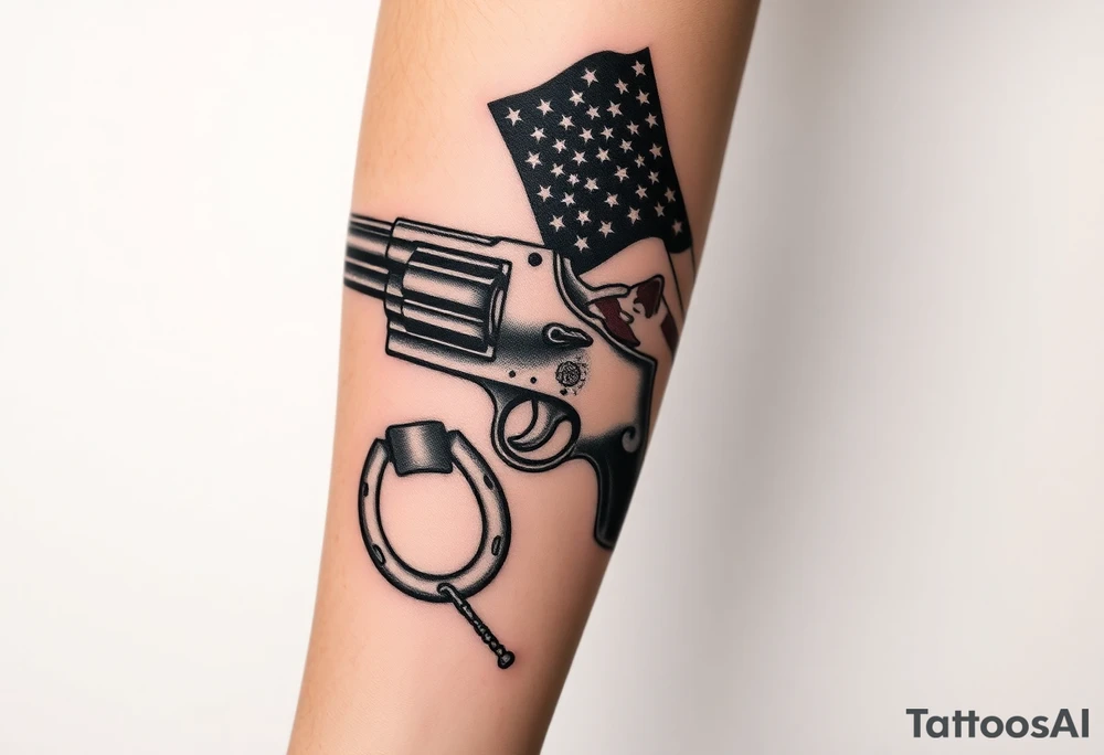 Revolver, American flag, state of florida, grenade, horseshoe, bulldog and blended into a half forearm sleeve with designed filling for a full sleeve tattoo idea