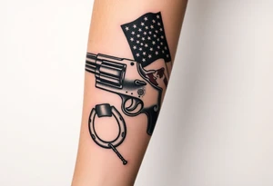 Revolver, American flag, state of florida, grenade, horseshoe, bulldog and blended into a half forearm sleeve with designed filling for a full sleeve tattoo idea