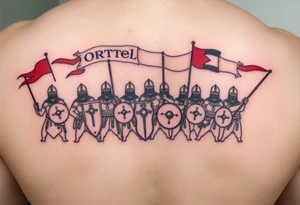 A procession of Czech warriors, with Ortel written in banners flowing above them, in sepia and dark red. tattoo idea