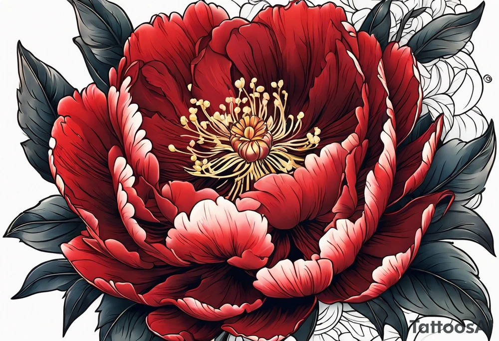 Red peony with small rabbit tattoo idea