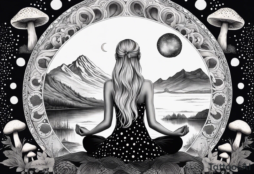 Straight blonde hair girl meditating facing away toward mountains surrounded by mushrooms crescent moon mandala circular design black and white striped dress tattoo idea