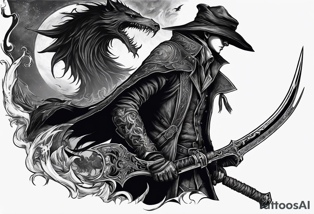 Bloodborne hunter, holding  scythe, howling, Dual wielding tattoo idea