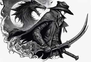 Bloodborne hunter, holding  scythe, howling, Dual wielding tattoo idea