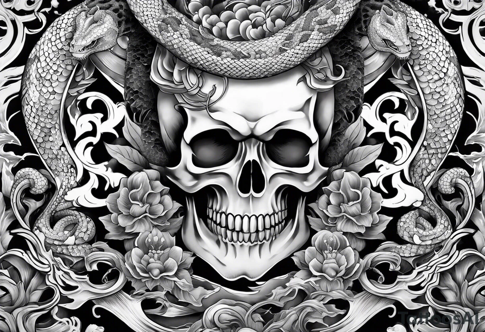 sleeve tattoo with a hydra snake, gun, skull and Japanese designs, NO FLOWERS tattoo idea