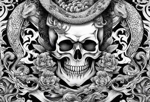 sleeve tattoo with a hydra snake, gun, skull and Japanese designs, NO FLOWERS tattoo idea