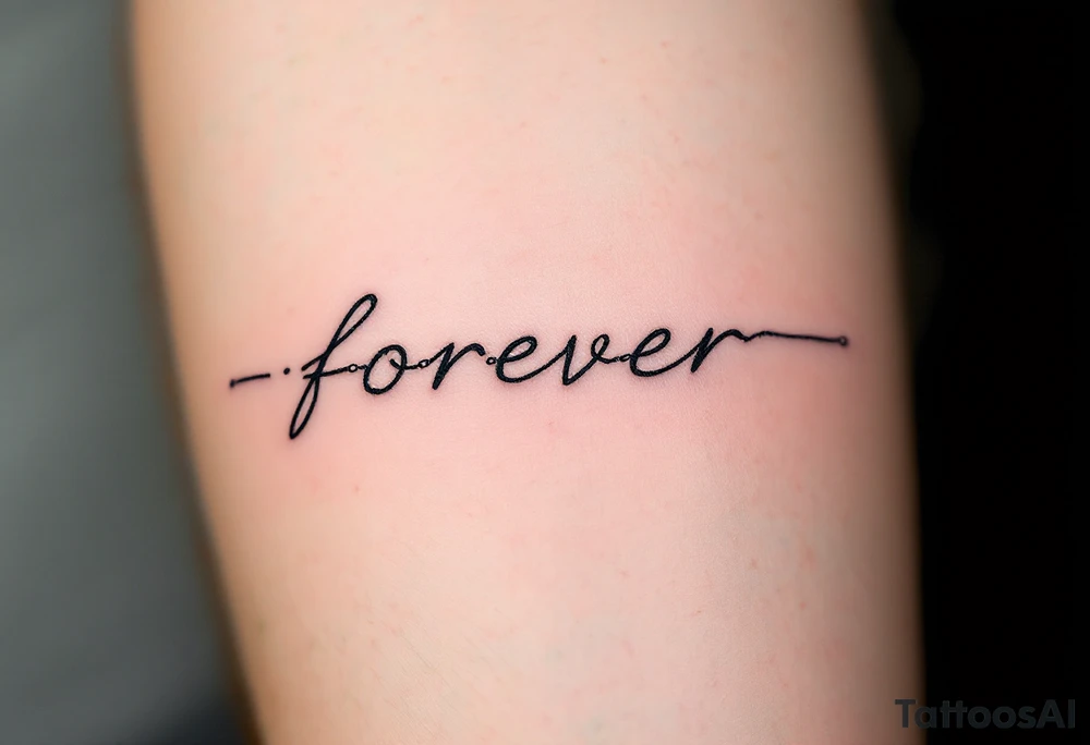 A delicate chain spelling "forever" in soft gray, with a tiny broken link near the end. tattoo idea