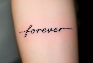 A delicate chain spelling "forever" in soft gray, with a tiny broken link near the end. tattoo idea