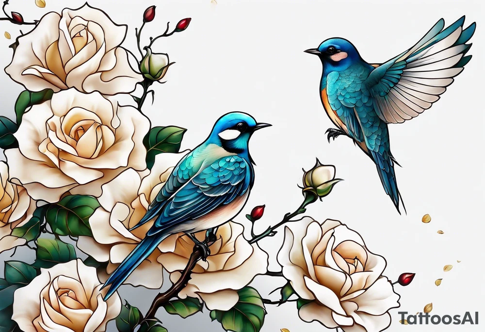 Two birds sitting on a stem of White roses with another bird flying in to land on stem tattoo idea