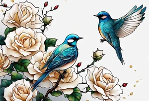 Two birds sitting on a stem of White roses with another bird flying in to land on stem tattoo idea