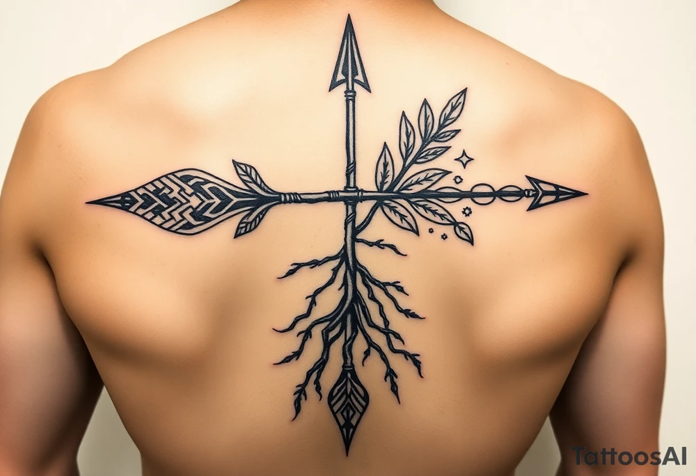 A broken spear with roots growing through it, tribal blackwork style, symbolizing healing through soul, not ego. 
One side traditional tribal pattern (e.g. Polynesian spear motifs), the other cracked but reforged with symbols of soul: leaves, stars, or water. 
The roots at the bottom, the spear at the top, this would go on my arm. tattoo idea