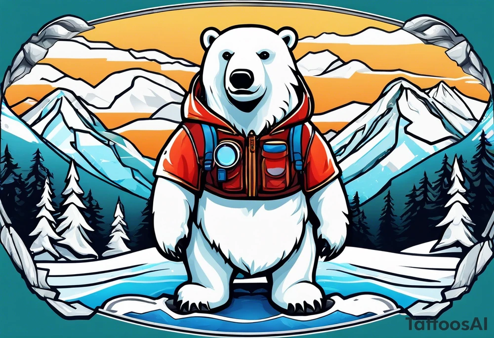 Polar bear wearing ski goggles standing in front of a mountain all inside a snow globe tattoo idea