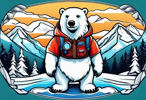 Polar bear wearing ski goggles standing in front of a mountain all inside a snow globe tattoo idea