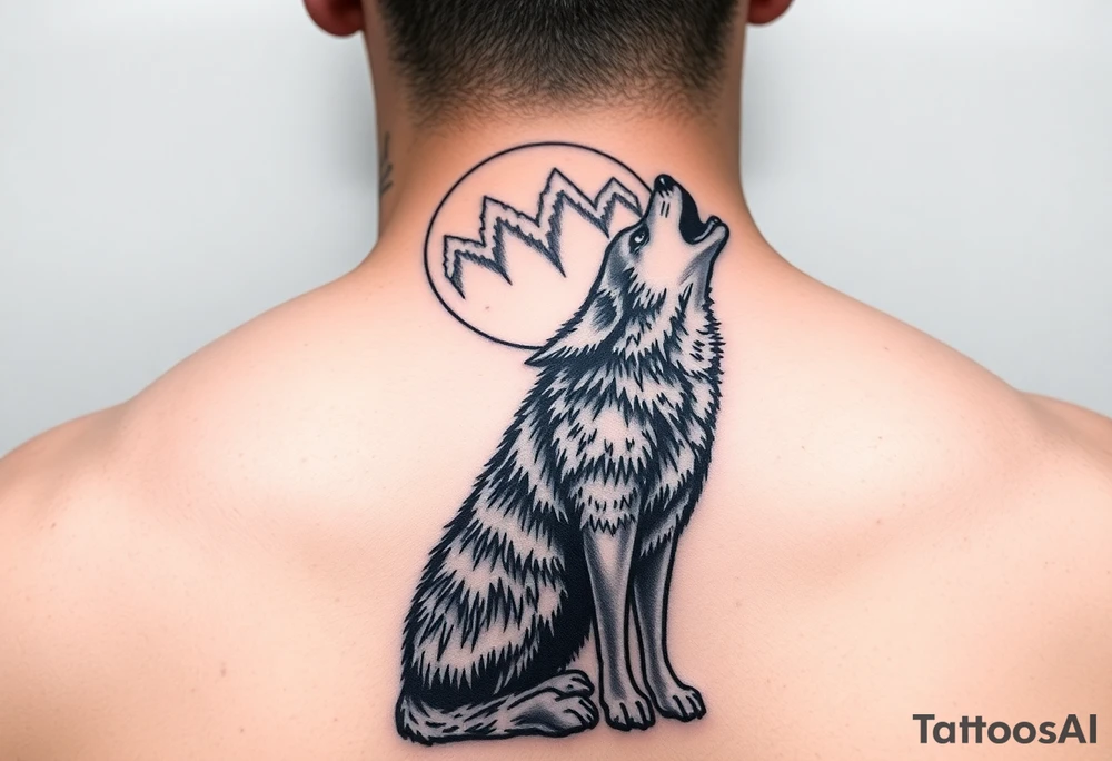 lone wolf howling at full moon with northern lights backdrop tattoo idea