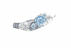 porcelain blue style with ornate, floral, and animal decor with a detailed banded border at the wrist and elbow. tattoo idea