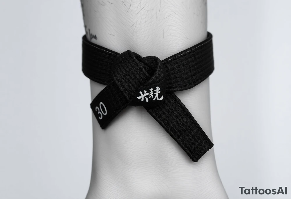 A realistic black and gray tattoo of a Brazilian Jiu-Jitsu black belt wrapping around the wrist like a bracelet. The belt is tied in a knot with one end showing the number 30 and the other showing 24. On the flat end of the belt, two Japanese kanji characters are inked in white: 成長 (growth) and 忍耐 (perseverance). The belt has subtle stitch marks and worn, textured shading for a slightly distressed, authentic look. tattoo idea