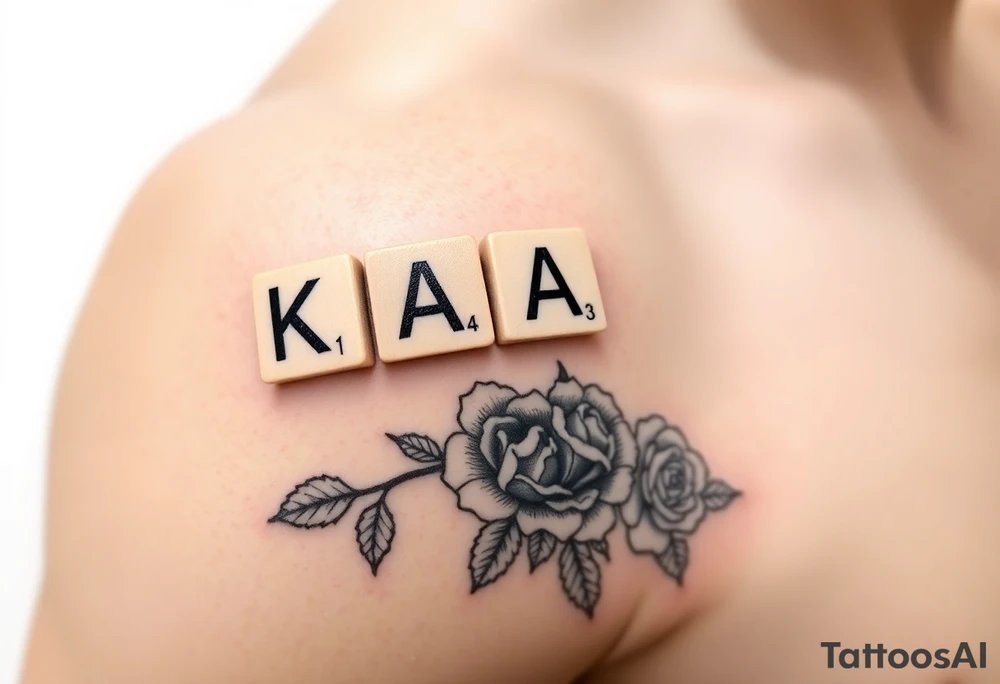 Tattoo on left shoulder
Predominant focal point: Scabble letters spelling “KAY” resting on scabble piece holder tray. The numbers in corner of each letter should not be actual scabble values, instead they should be “1,4,3” or K=1, A=4, Y =3. To represent “I love you” 

This tattoo is to honor my grandmother in hospice

Surrounding the scrabble tile holder and pieces spelling KAY, her name, will be a rose bush tattoo. It should look realistic and fill all space between focal point scrabble tiles & the curves of my left shoulder muscle. I am pretty muscular, so I want the rose bush and stems to scent the definition of my rear and front shoulder muscles well. It should highlight my muscles and accentuate them more. tattoo idea