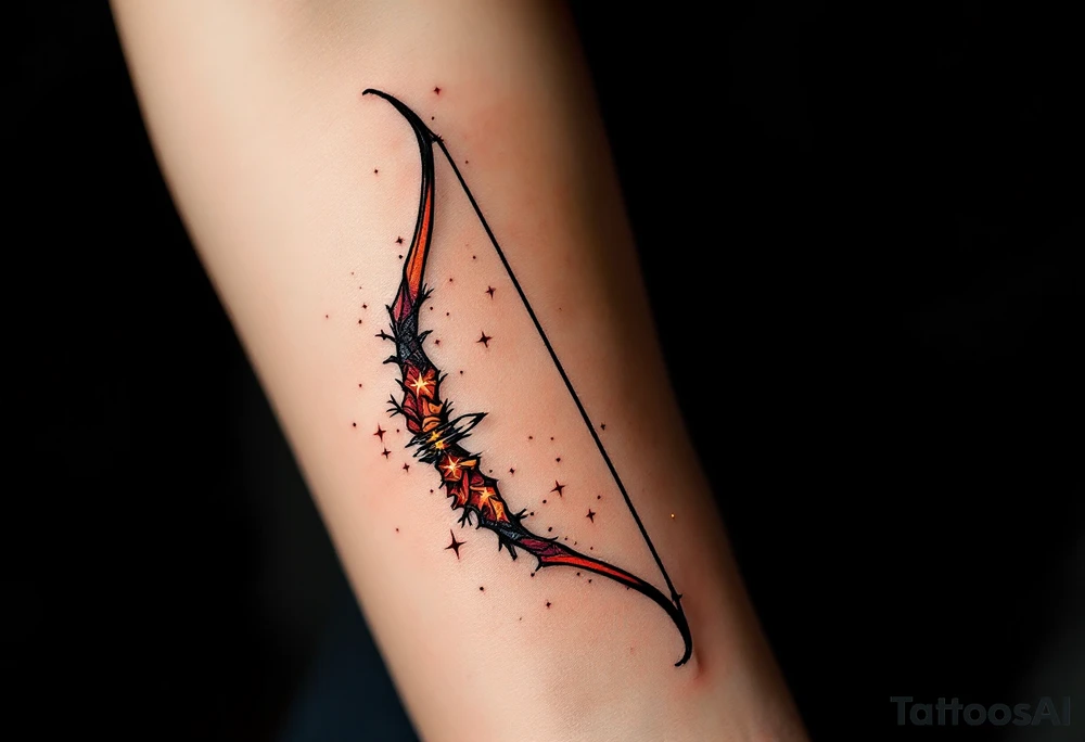 A stylized archer’s bow in burnt sienna and deep burgundy, with Sagittarius stars constellation lightly twinkling along the curve. tattoo idea