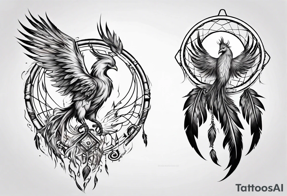 Fire Phoenix flying out of dream catcher tattoo idea