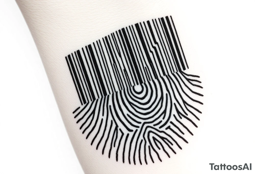 A barcode seamlessly merging into a fingerprint, symbolizing love that is unique and irreplaceable. tattoo idea