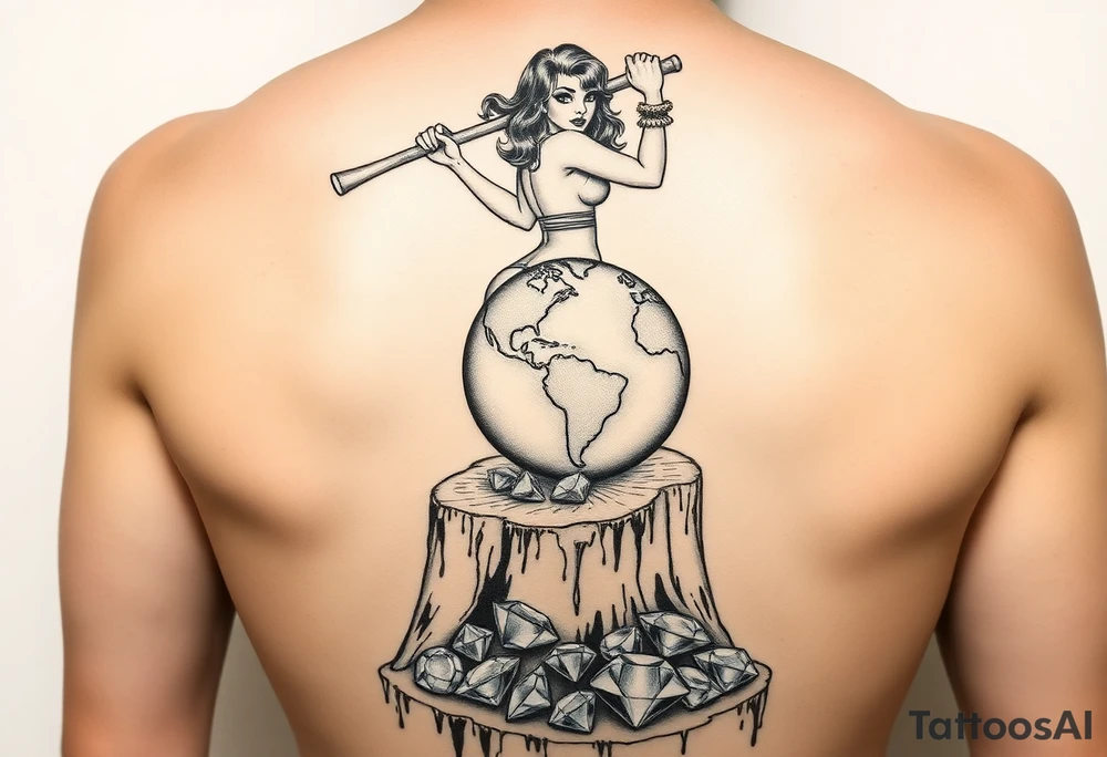 a pin up girl that is naked with breasts exposed so in view and has very large breasts wearing a g string thong. the pin up girl is swinging an ax onto a earth globe. the earth globe is half the diameter of the top of the tree stump, the earth globe is located on top of a tree stump, there is a pile of diamonds below the tree stump. the idea is that this pin up girl if very attractive. the idea is that this pin up girl crushing a small version of the earth and creating a diamond with the pressure. tattoo idea