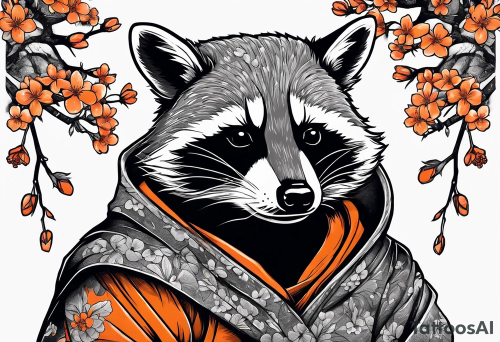 raccoon wearing a Superman hoodie with orange Japanese cherry blossoms tattoo idea