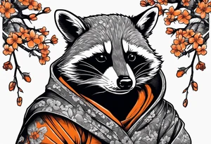 raccoon wearing a Superman hoodie with orange Japanese cherry blossoms tattoo idea