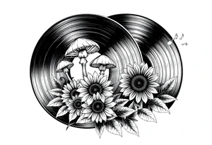 two overlapping vinyl records with mushrooms, sunflowers, and music notes tattoo idea