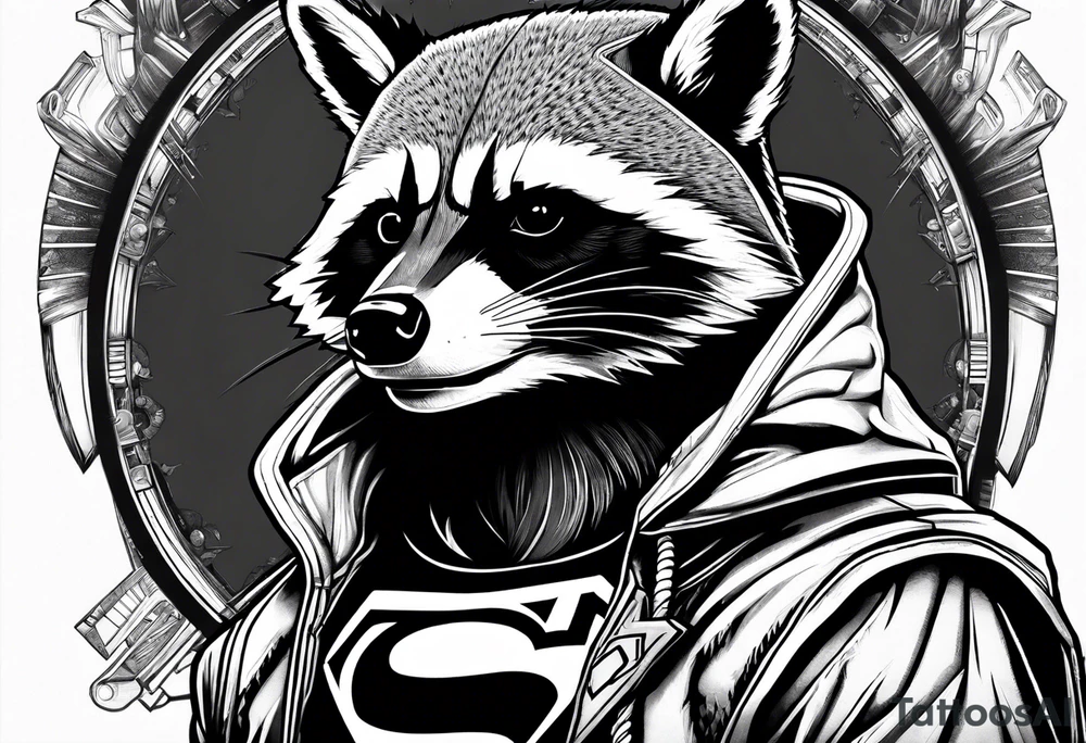 raccoon wearing a Superman hoodie tattoo idea