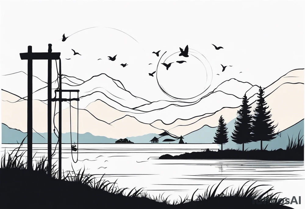 silhouette of landscape and fishingpole tattoo idea