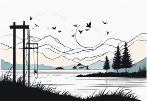 silhouette of landscape and fishingpole tattoo idea