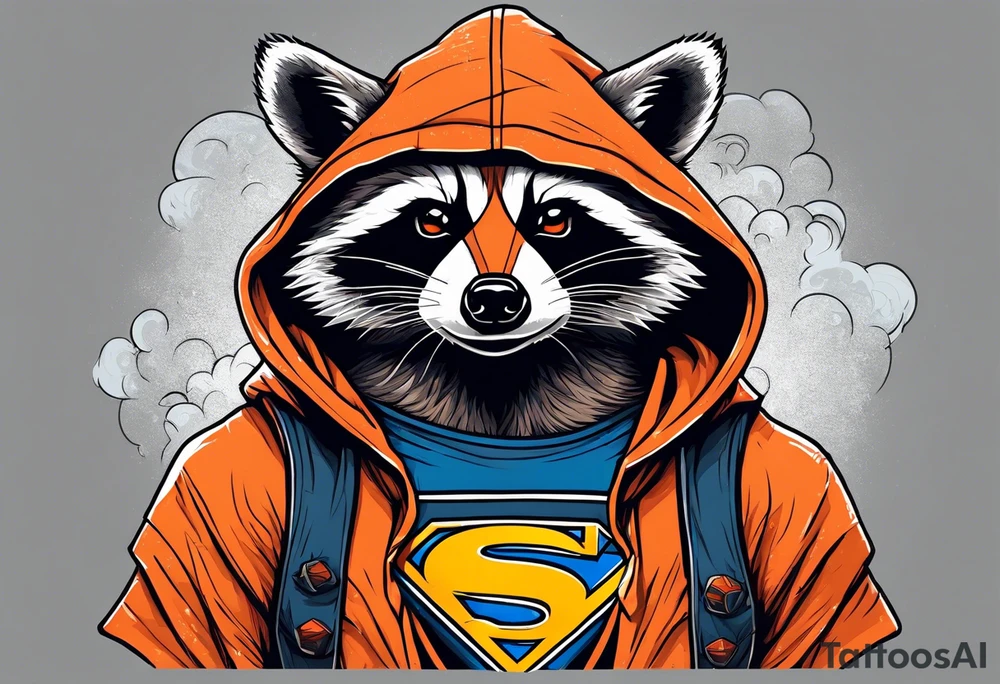 Raccoon wearing an orange Superman hoodie tattoo idea